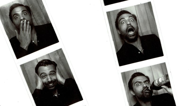 Two black-and-white photobooth strips of Shawn Regruto pulling faces: shocked, laughing with his hands over his ears, shouting, and drinking from a bottle.